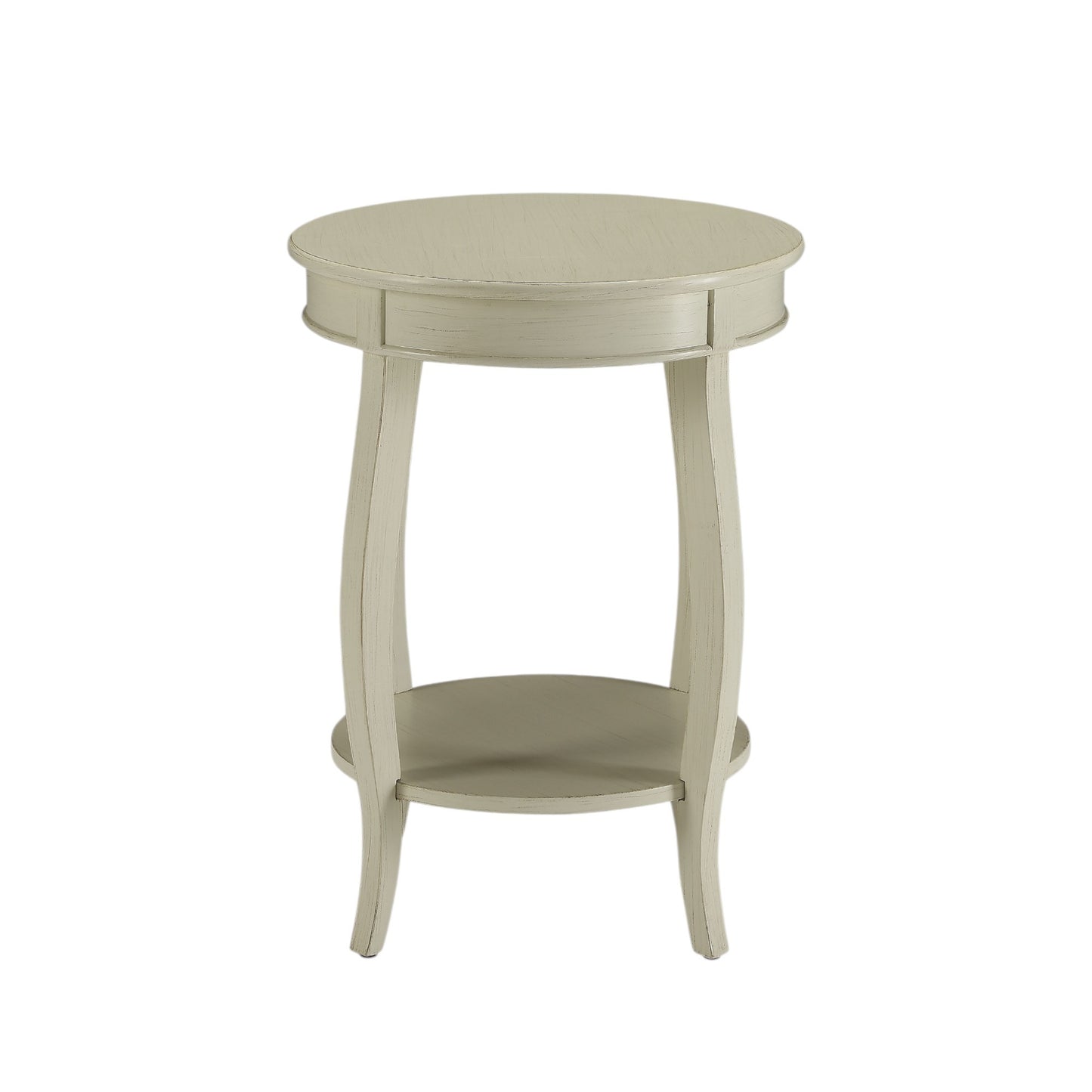 Antique White Round End Table with Bottom Shelf