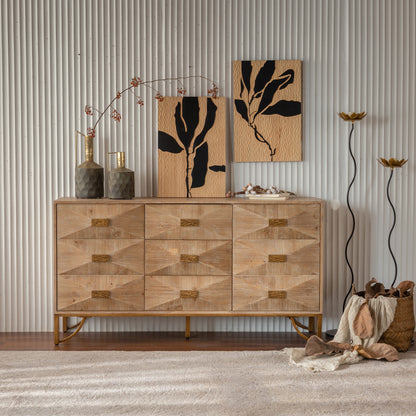Natural Wood Sideboard Buffet Cabinet – Modern Geometric Storage Console with Gold Legs
