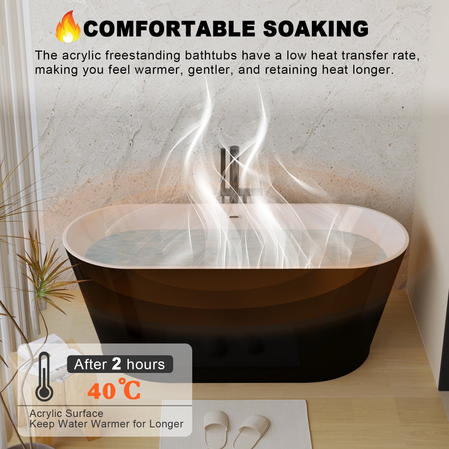 59' Acrylic Freestanding Bathtub, Stand Alone Soaking Tub, Glossy Black Acrylic, Toe - tap Chrome Drain, cUPC Certified - 1st Choice Furniture Direct