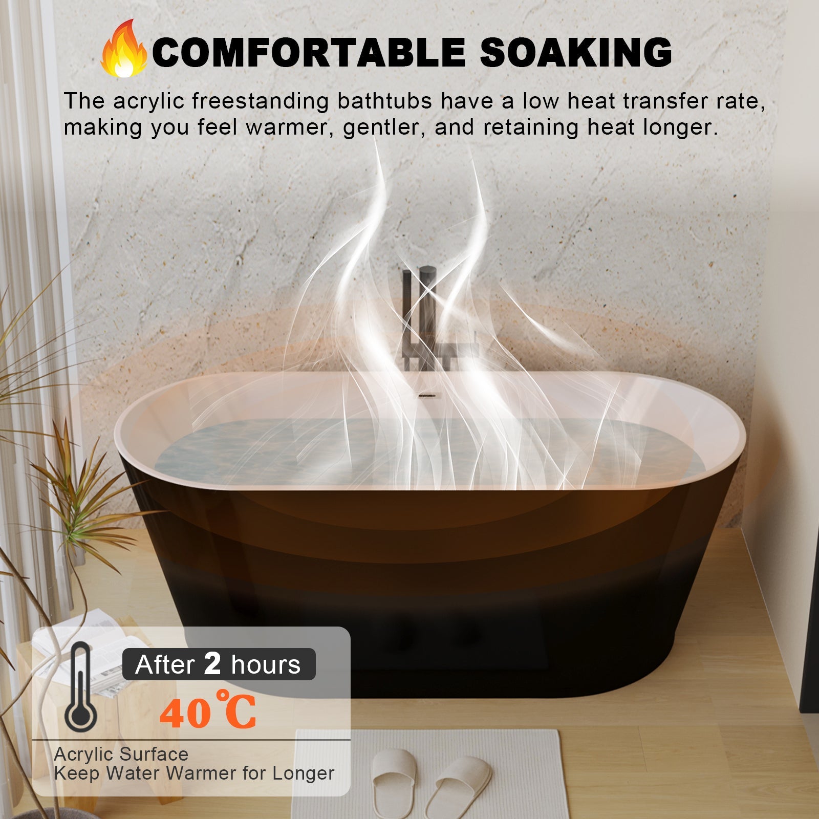 59' Acrylic Freestanding Bathtub, Stand Alone Soaking Tub, Glossy Black Acrylic, Toe - tap Chrome Drain, cUPC Certified - 1st Choice Furniture Direct