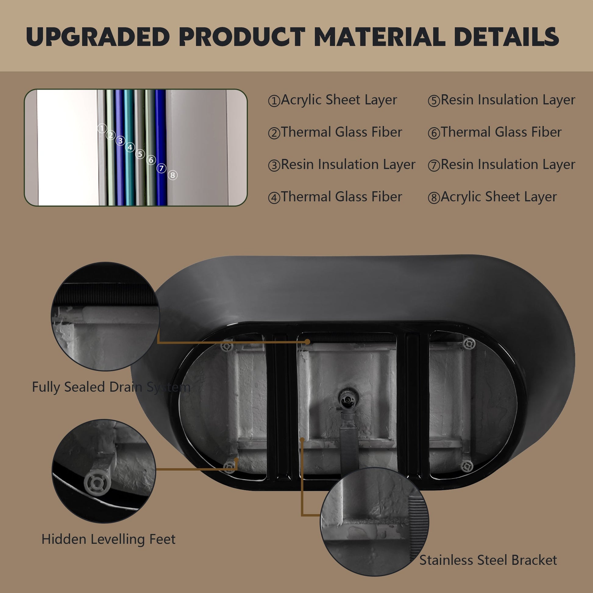 59' Acrylic Freestanding Bathtub, Stand Alone Soaking Tub, Glossy Black Acrylic, Toe - tap Chrome Drain, cUPC Certified - 1st Choice Furniture Direct