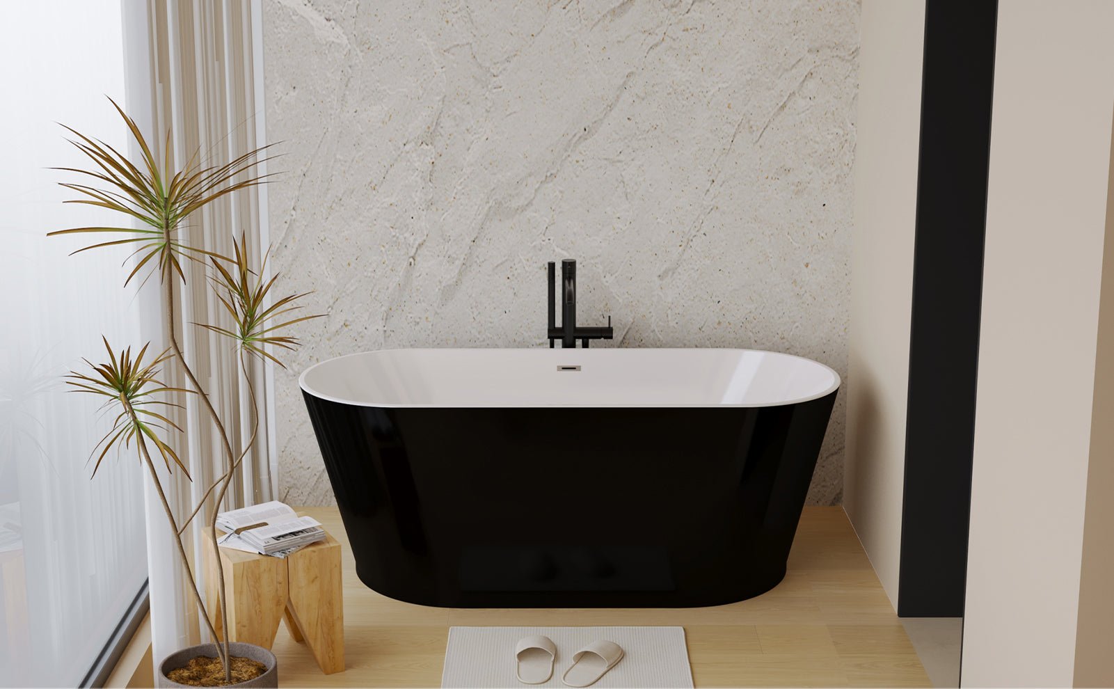 59' Acrylic Freestanding Bathtub, Stand Alone Soaking Tub, Glossy Black Acrylic, Toe - tap Chrome Drain, cUPC Certified - 1st Choice Furniture Direct