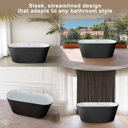 59' Acrylic Freestanding Bathtub, Stand Alone Soaking Tub, Glossy Black Acrylic, Toe - tap Chrome Drain, cUPC Certified - 1st Choice Furniture Direct