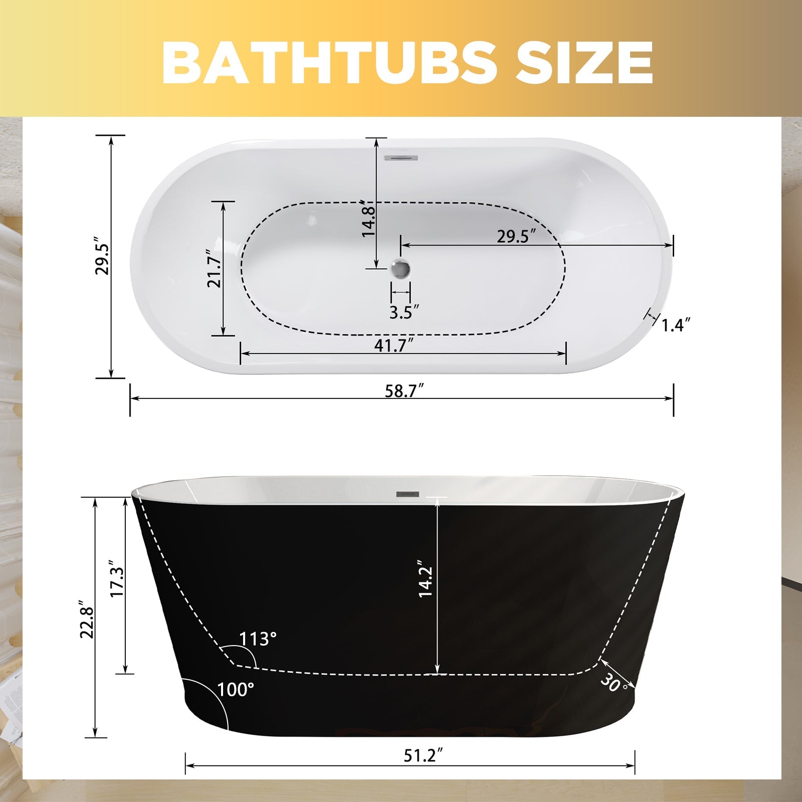 59' Acrylic Freestanding Bathtub, Stand Alone Soaking Tub, Glossy Black Acrylic, Toe - tap Chrome Drain, cUPC Certified - 1st Choice Furniture Direct