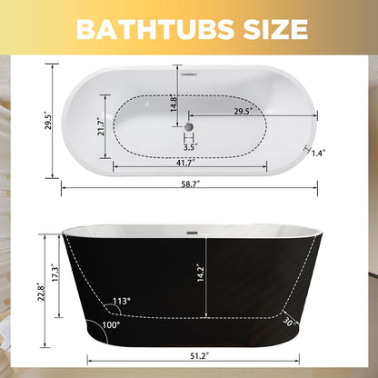 59' Acrylic Freestanding Bathtub, Stand Alone Soaking Tub, Glossy Black Acrylic, Toe - tap Chrome Drain, cUPC Certified - 1st Choice Furniture Direct
