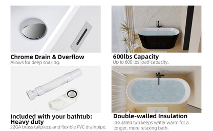 59' Acrylic Freestanding Bathtub, Stand Alone Soaking Tub, Glossy Black Acrylic, Toe - tap Chrome Drain, cUPC Certified - 1st Choice Furniture Direct