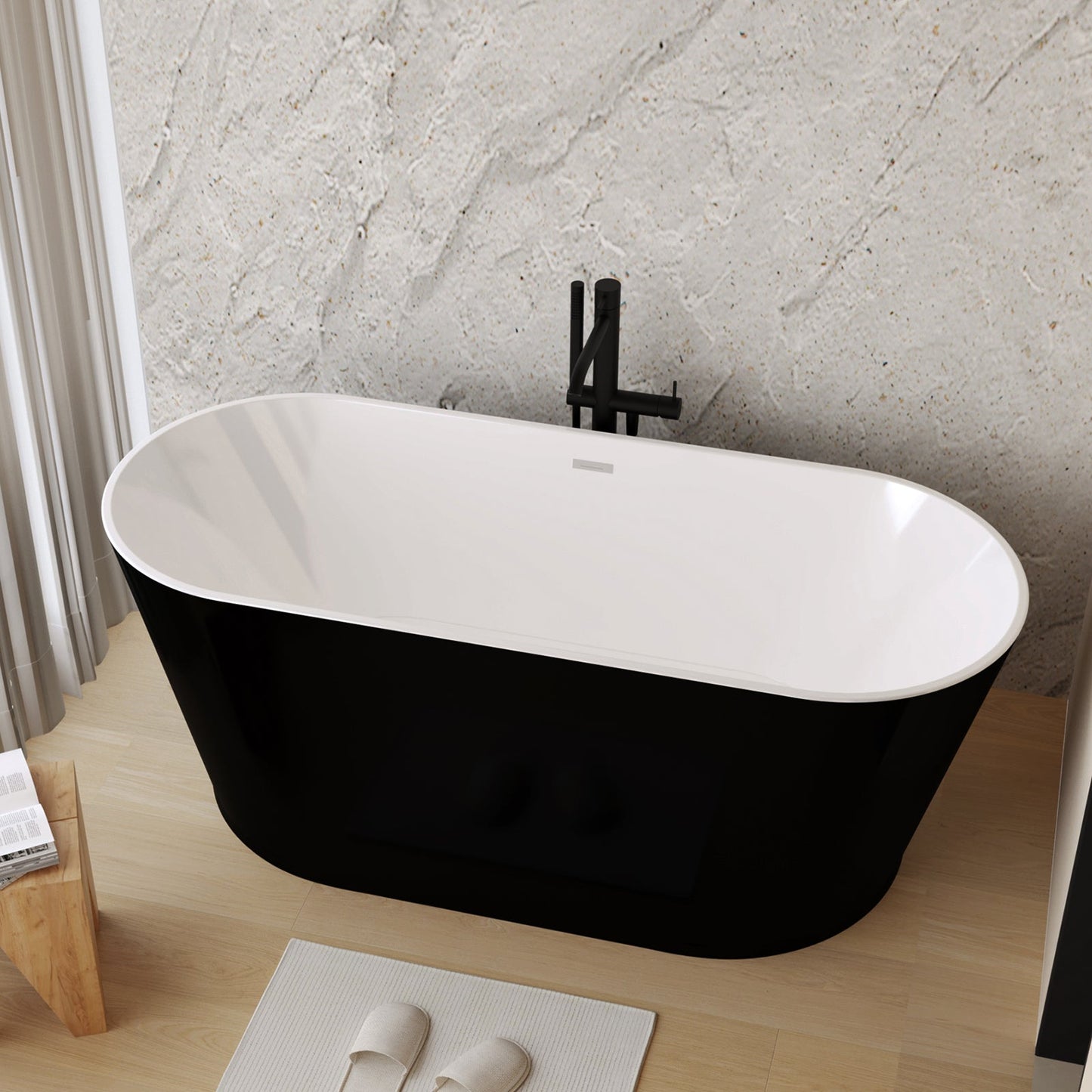 59' Acrylic Freestanding Bathtub, Stand Alone Soaking Tub, Glossy Black Acrylic, Toe - tap Chrome Drain, cUPC Certified - 1st Choice Furniture Direct