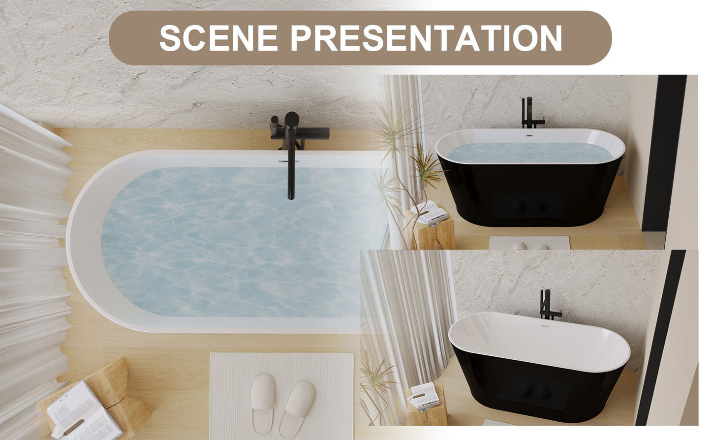 59' Acrylic Freestanding Bathtub, Stand Alone Soaking Tub, Glossy Black Acrylic, Toe - tap Chrome Drain, cUPC Certified - 1st Choice Furniture Direct