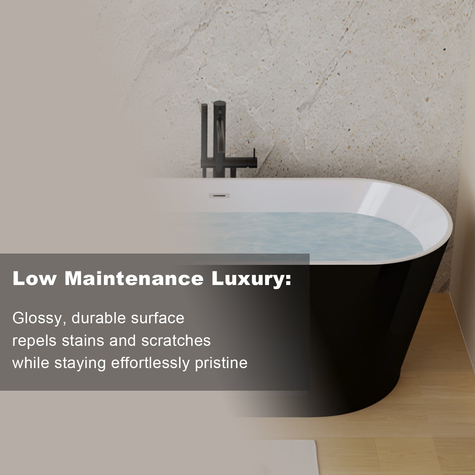 59' Acrylic Freestanding Bathtub, Stand Alone Soaking Tub, Glossy Black Acrylic, Toe - tap Chrome Drain, cUPC Certified - 1st Choice Furniture Direct