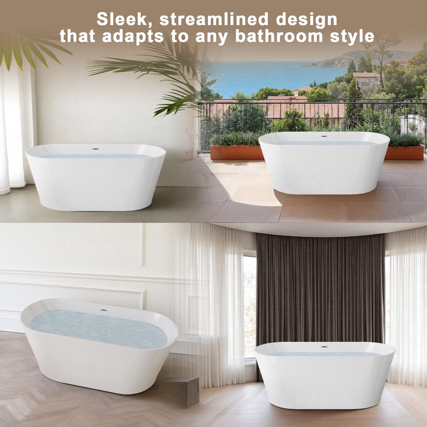 59' Acrylic Freestanding Bathtub, Stand Alone Soaking Tub, Glossy White Acrylic, Toe - tap Chrome Drain, cUPC Certified - 1st Choice Furniture Direct