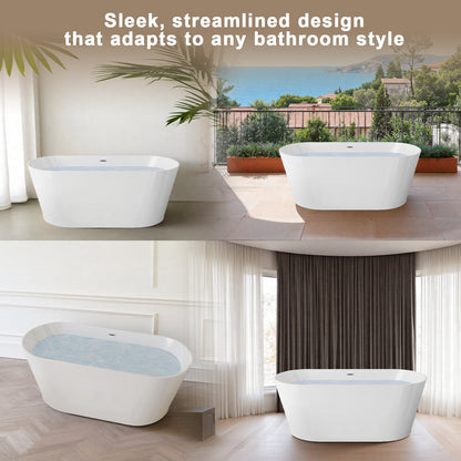 59' Acrylic Freestanding Bathtub, Stand Alone Soaking Tub, Glossy White Acrylic, Toe - tap Chrome Drain, cUPC Certified - 1st Choice Furniture Direct