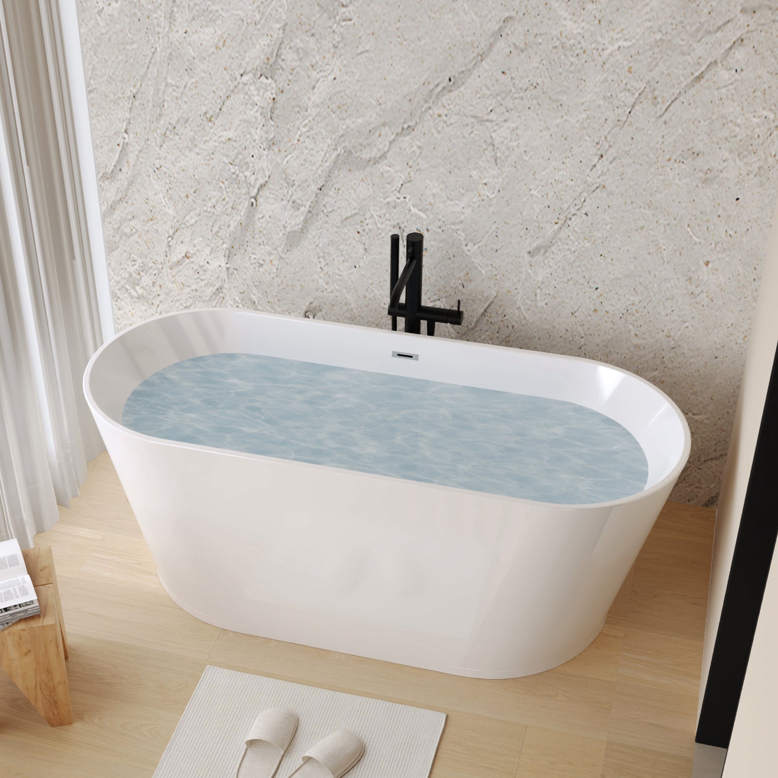 59' Acrylic Freestanding Bathtub, Stand Alone Soaking Tub, Glossy White Acrylic, Toe - tap Chrome Drain, cUPC Certified - 1st Choice Furniture Direct