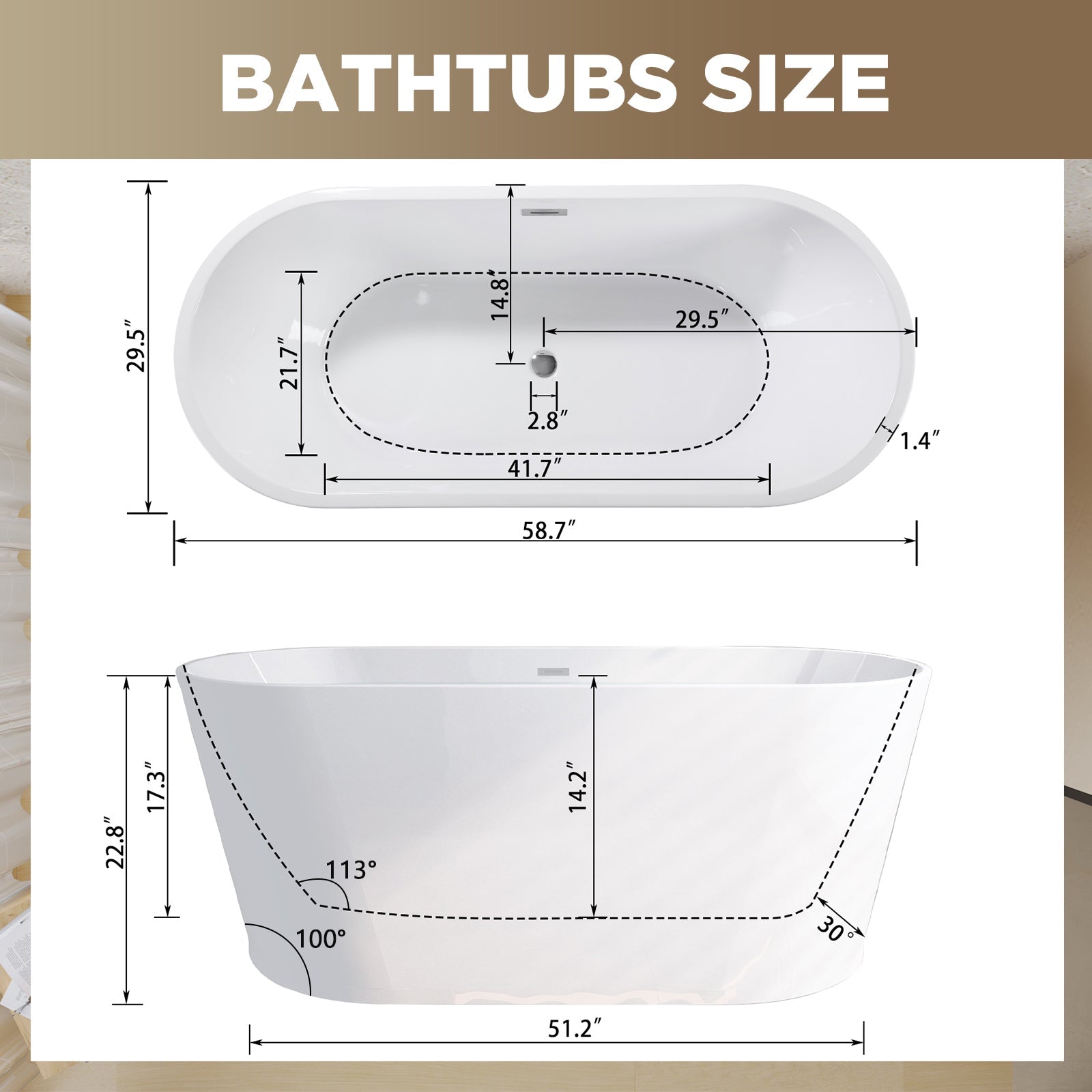 59' Acrylic Freestanding Bathtub, Stand Alone Soaking Tub, Glossy White Acrylic, Toe - tap Chrome Drain, cUPC Certified - 1st Choice Furniture Direct