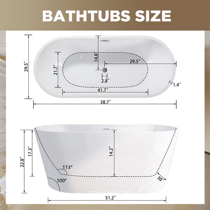 59' Acrylic Freestanding Bathtub, Stand Alone Soaking Tub, Glossy White Acrylic, Toe - tap Chrome Drain, cUPC Certified - 1st Choice Furniture Direct