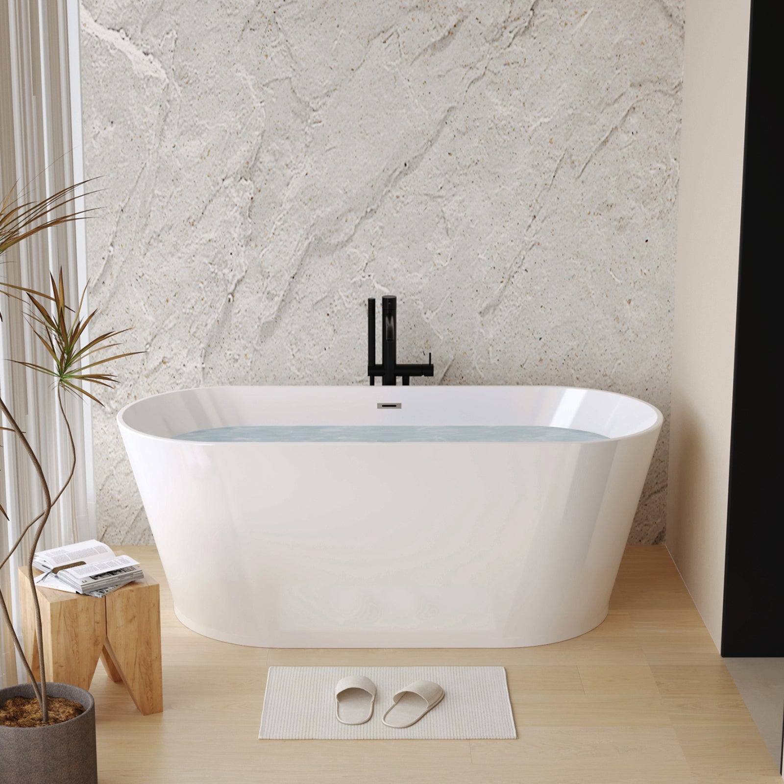 59' Acrylic Freestanding Bathtub, Stand Alone Soaking Tub, Glossy White Acrylic, Toe - tap Chrome Drain, cUPC Certified - 1st Choice Furniture Direct