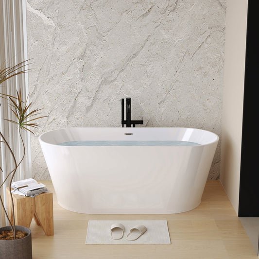 59' Acrylic Freestanding Bathtub, Stand Alone Soaking Tub, Glossy White Acrylic, Toe - tap Chrome Drain, cUPC Certified - 1st Choice Furniture Direct