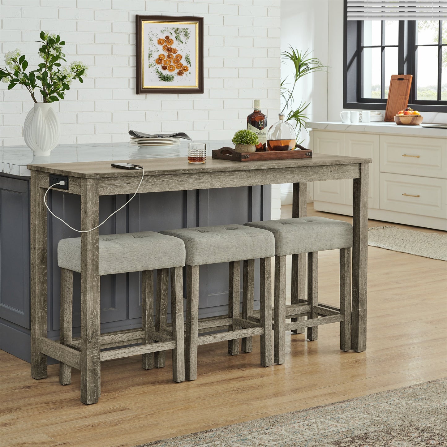 59” Bar Table Set with Power Outlet | 4 - Piece Dining Table with 3 Upholstered Stools - 1st Choice Furniture Direct