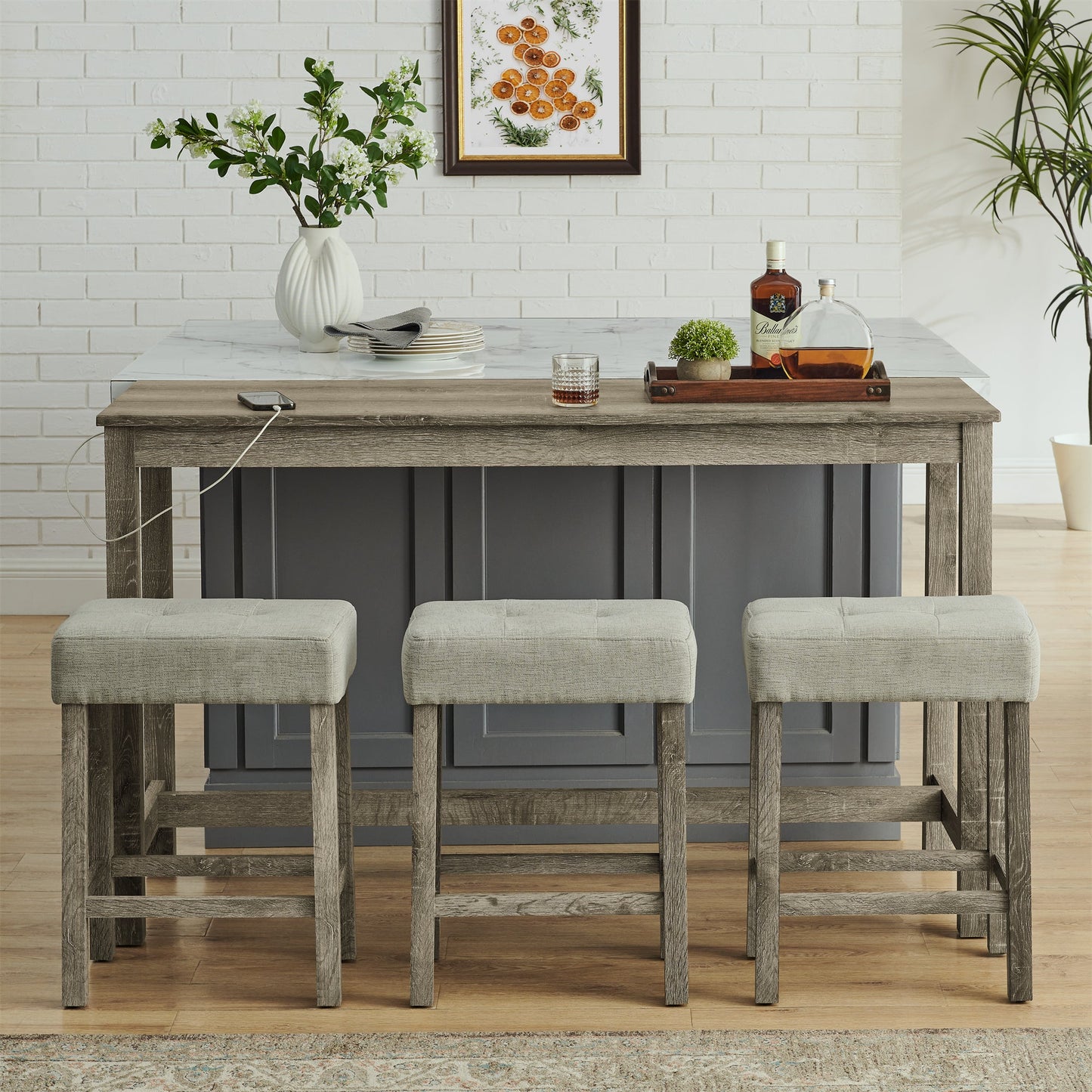 59” Bar Table Set with Power Outlet | 4 - Piece Dining Table with 3 Upholstered Stools - 1st Choice Furniture Direct
