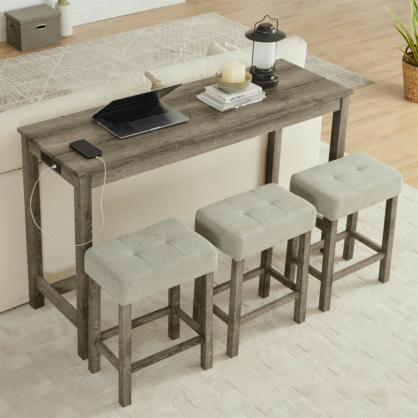 59” Bar Table Set with Power Outlet | 4 - Piece Dining Table with 3 Upholstered Stools - 1st Choice Furniture Direct