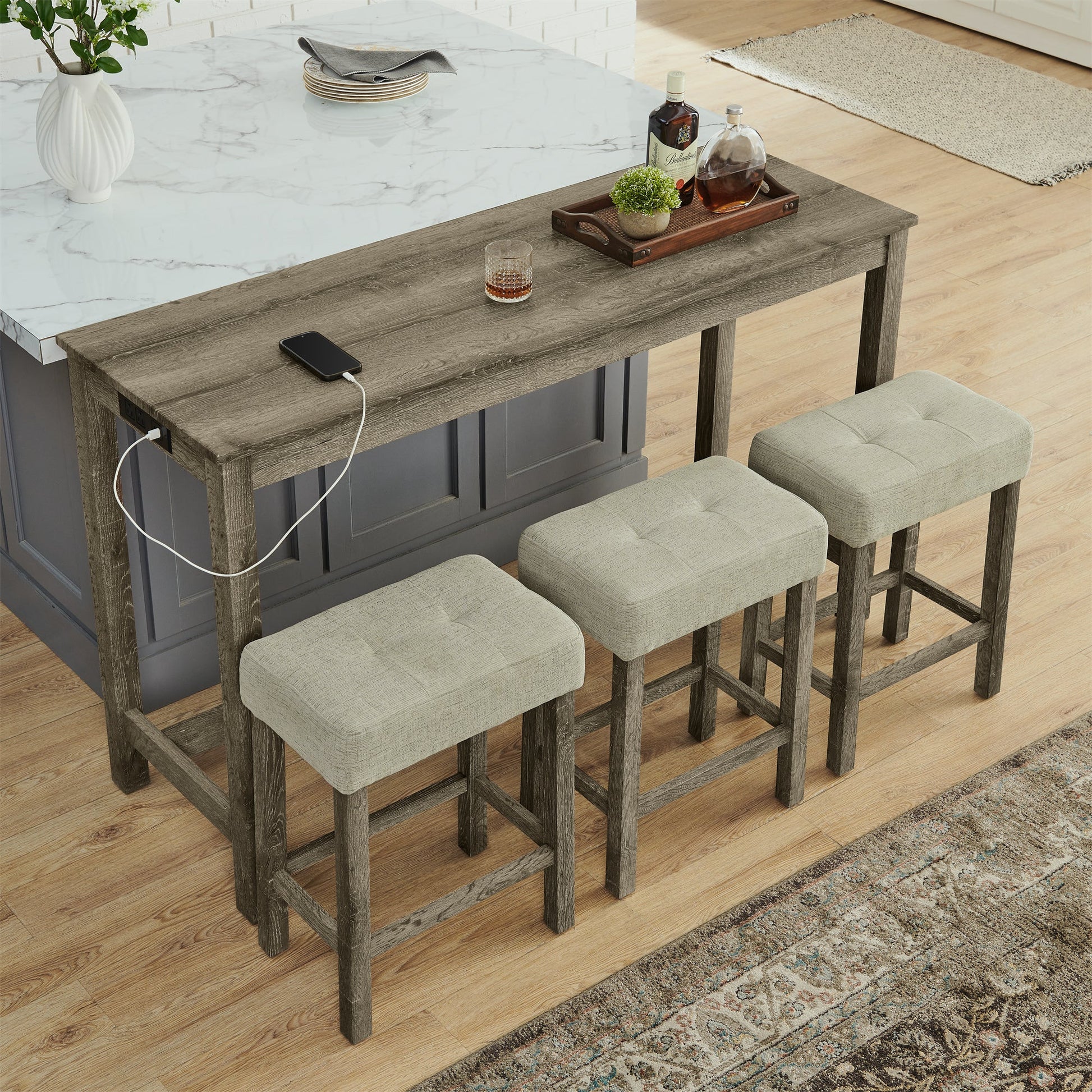 59” Bar Table Set with Power Outlet | 4 - Piece Dining Table with 3 Upholstered Stools - 1st Choice Furniture Direct