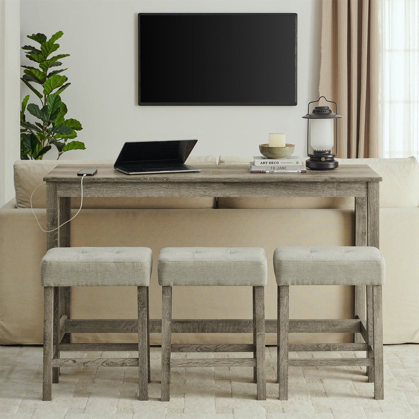 59” Bar Table Set with Power Outlet | 4 - Piece Dining Table with 3 Upholstered Stools - 1st Choice Furniture Direct