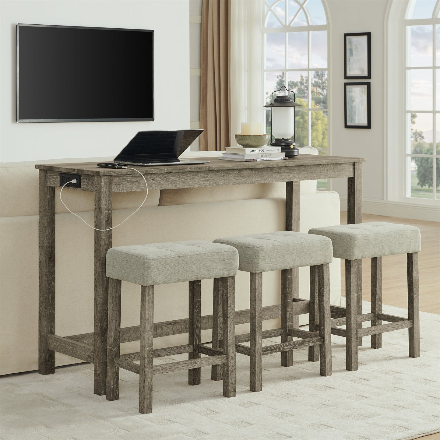 59” Bar Table Set with Power Outlet | 4 - Piece Dining Table with 3 Upholstered Stools - 1st Choice Furniture Direct