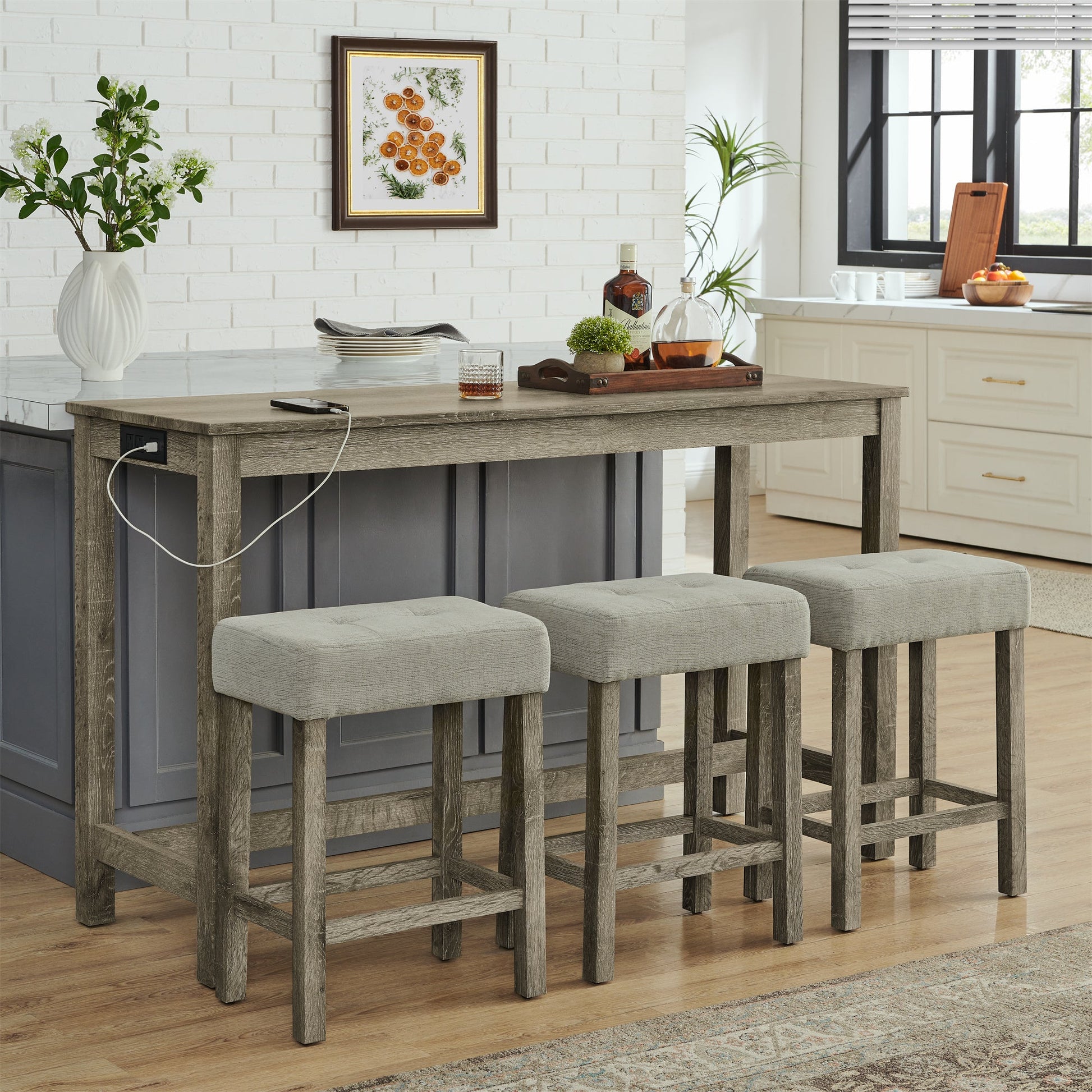 59” Bar Table Set with Power Outlet | 4 - Piece Dining Table with 3 Upholstered Stools - 1st Choice Furniture Direct