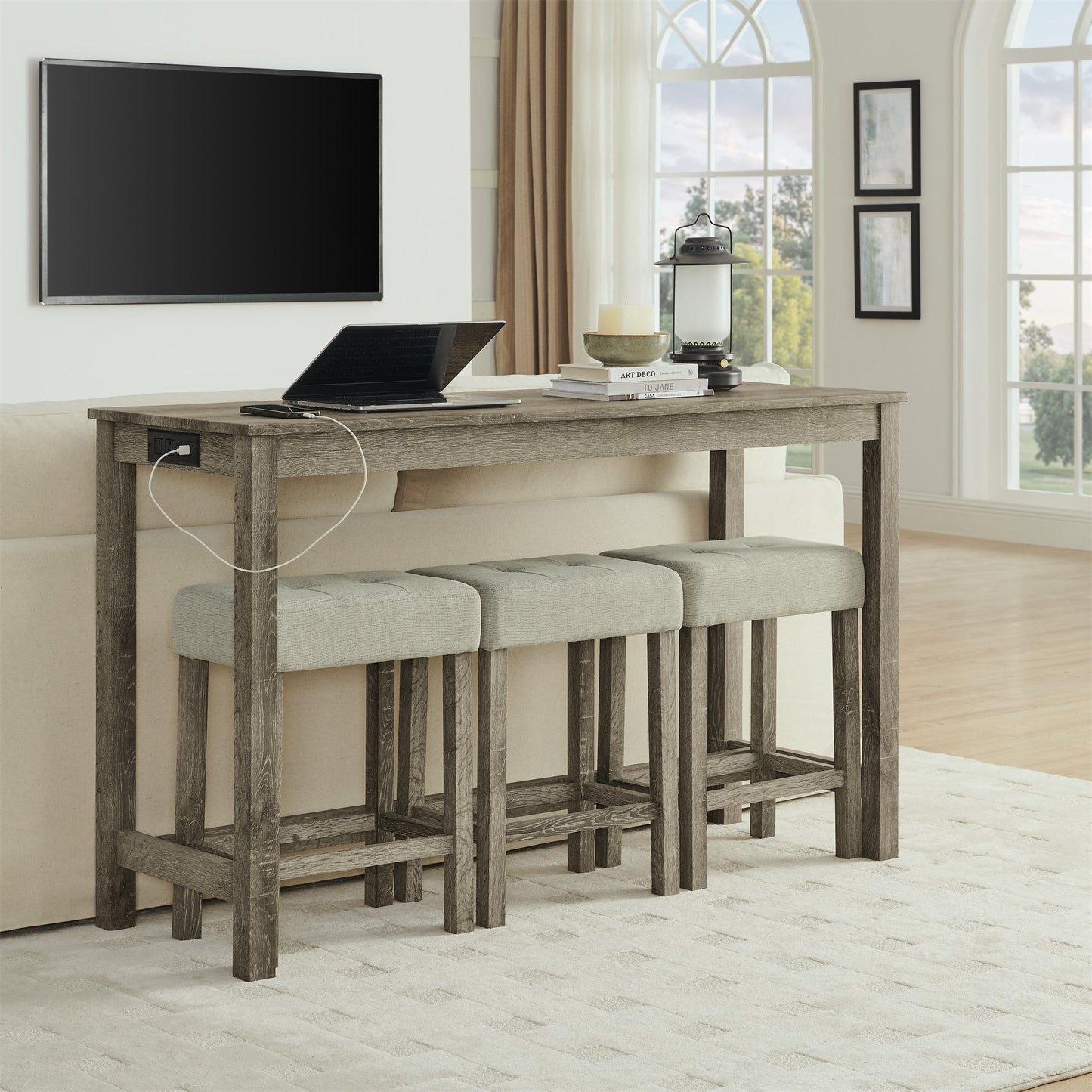 59” Bar Table Set with Power Outlet | 4 - Piece Dining Table with 3 Upholstered Stools - 1st Choice Furniture Direct