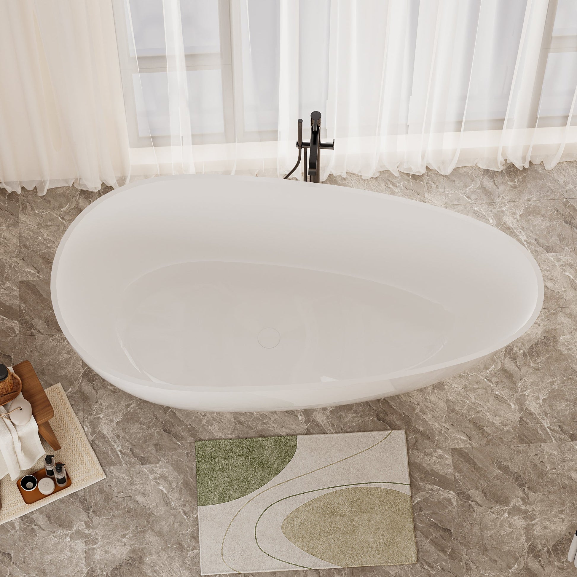59' Freestanding Solid Surface Bathtub, Luxury Handcrafted Stone Resin Freestanding Soaking Bathtub with Overflow and Pop - up Drain, Glossy White 24S02 - 59GW - 1st Choice Furniture Direct