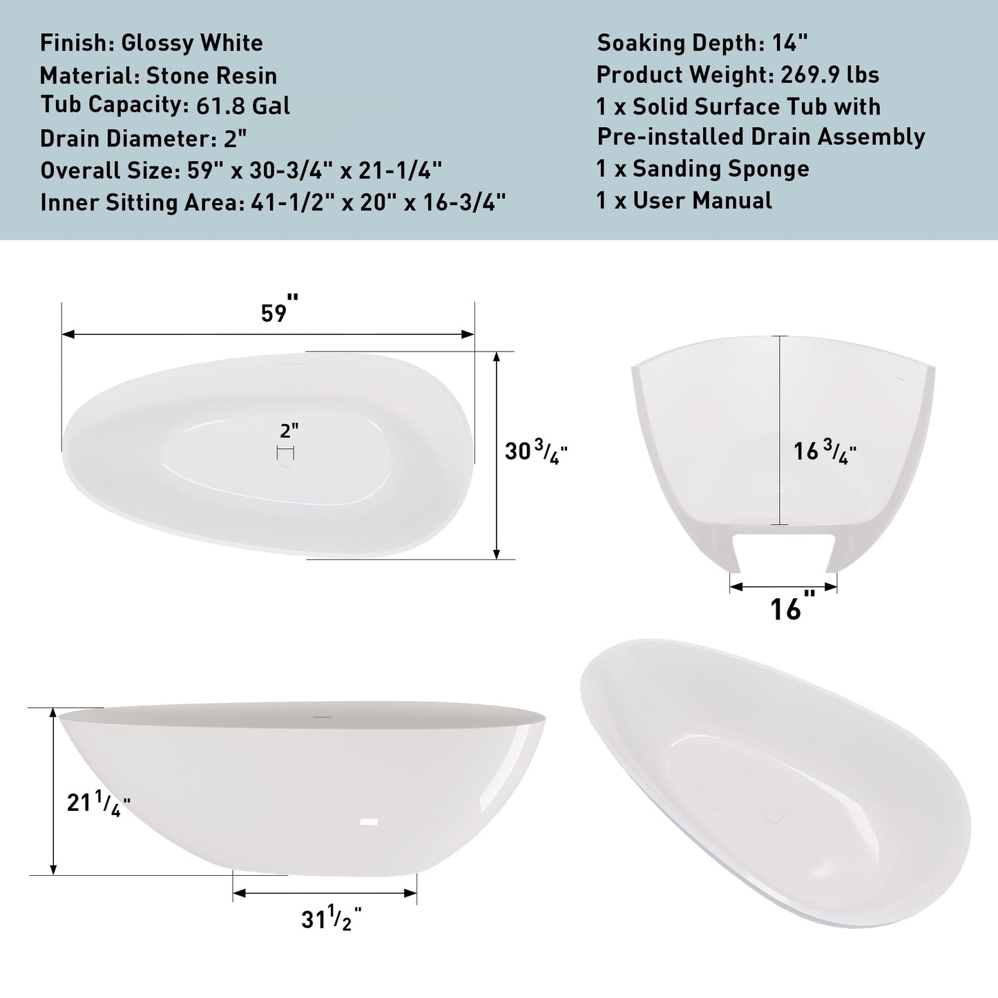 59' Freestanding Solid Surface Bathtub, Luxury Handcrafted Stone Resin Freestanding Soaking Bathtub with Overflow and Pop - up Drain, Glossy White 24S02 - 59GW - 1st Choice Furniture Direct