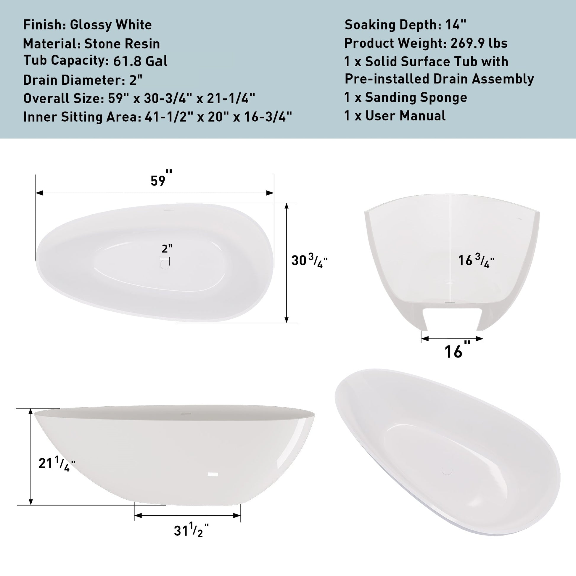 59' Freestanding Solid Surface Bathtub, Luxury Handcrafted Stone Resin Freestanding Soaking Bathtub with Overflow and Pop - up Drain, Glossy White 24S02 - 59GW - 1st Choice Furniture Direct
