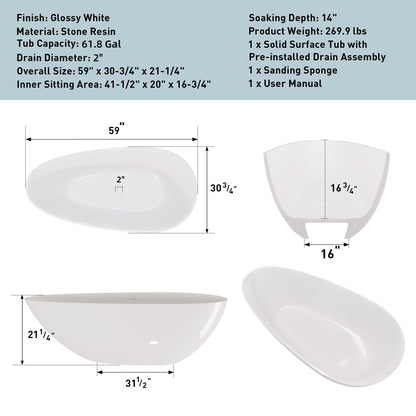 59' Freestanding Solid Surface Bathtub, Luxury Handcrafted Stone Resin Freestanding Soaking Bathtub with Overflow and Pop - up Drain, Glossy White 24S02 - 59GW - 1st Choice Furniture Direct