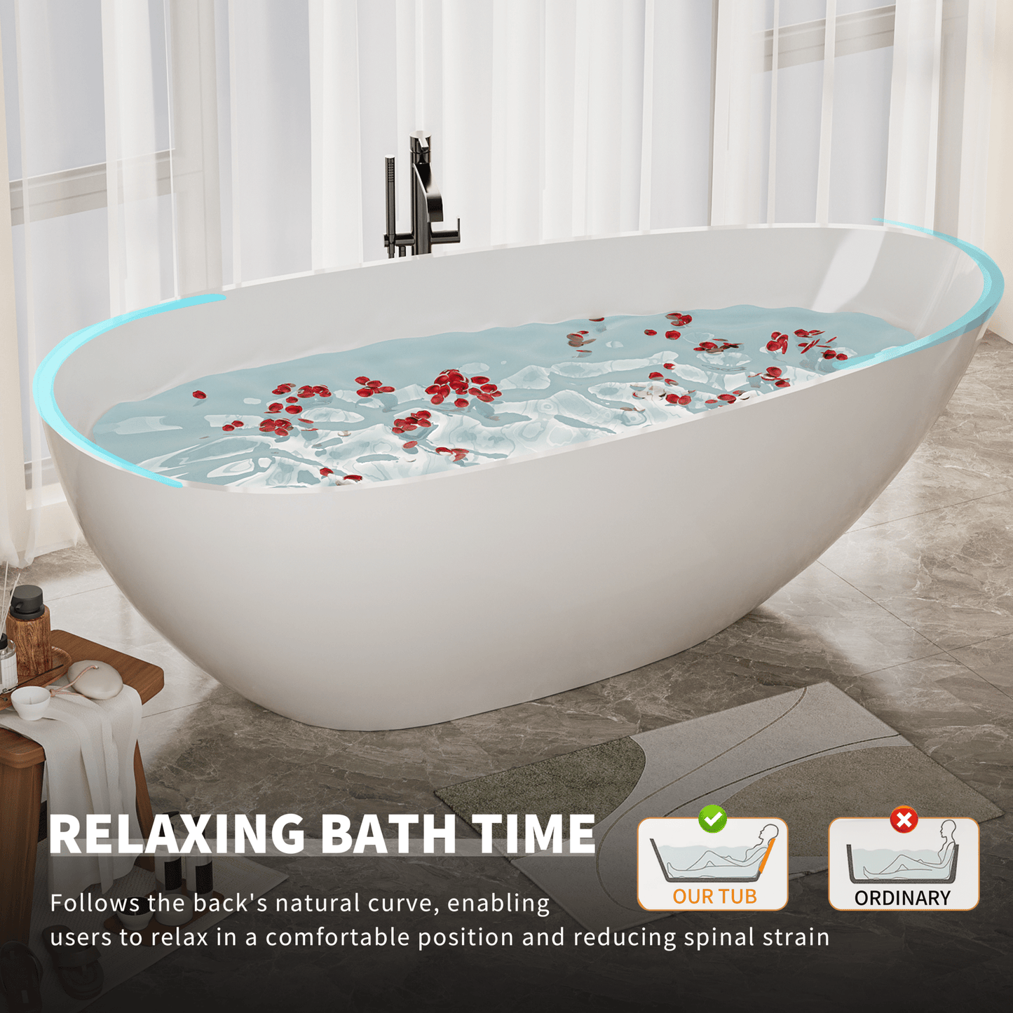 59' Freestanding Solid Surface Bathtub, Luxury Handcrafted Stone Resin Freestanding Soaking Bathtub with Overflow and Pop - up Drain, Glossy White 24S02 - 59GW - 1st Choice Furniture Direct