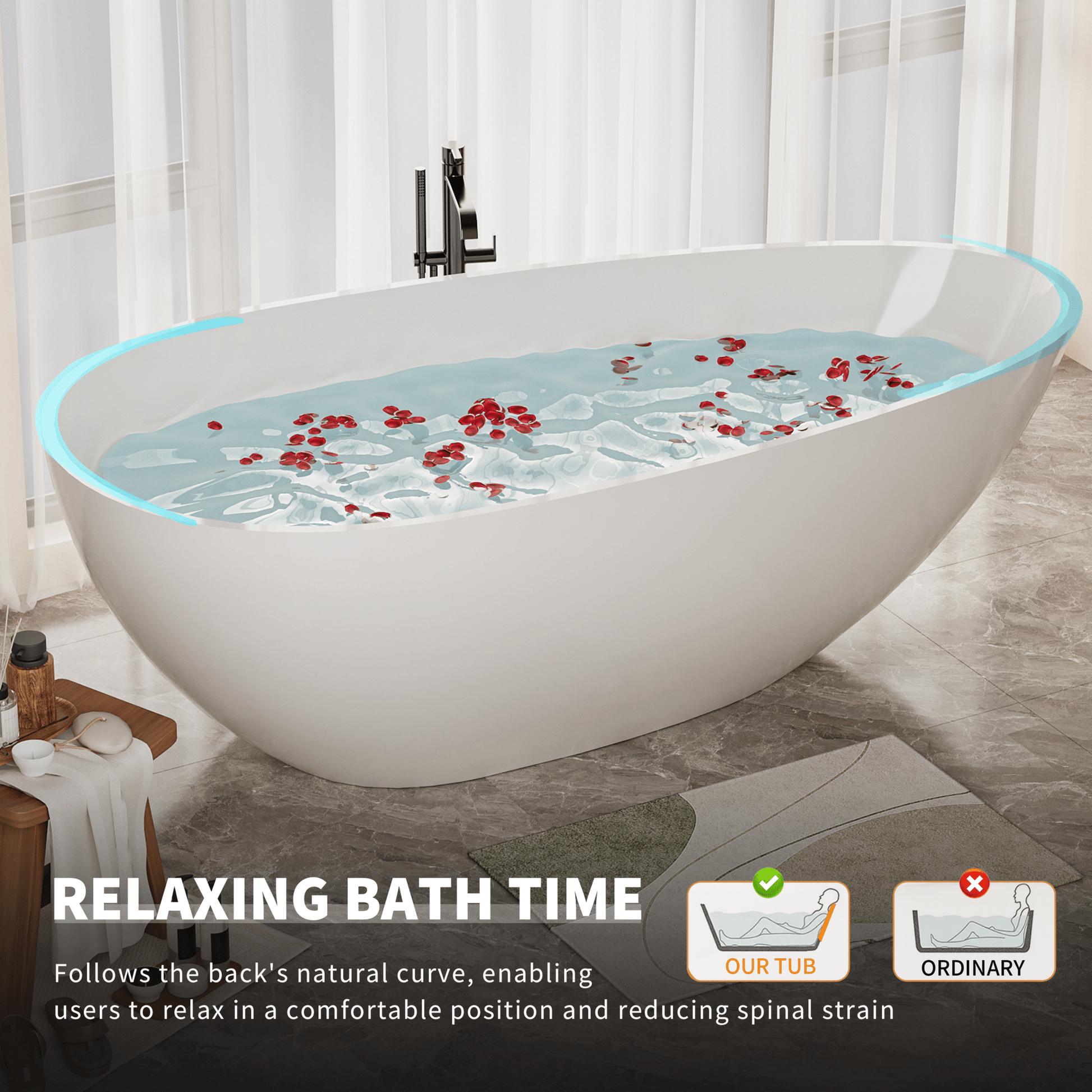 59' Freestanding Solid Surface Bathtub, Luxury Handcrafted Stone Resin Freestanding Soaking Bathtub with Overflow and Pop - up Drain, Glossy White 24S02 - 59GW - 1st Choice Furniture Direct