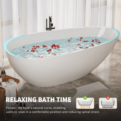 59' Freestanding Solid Surface Bathtub, Luxury Handcrafted Stone Resin Freestanding Soaking Bathtub with Overflow and Pop - up Drain, Glossy White 24S02 - 59GW - 1st Choice Furniture Direct