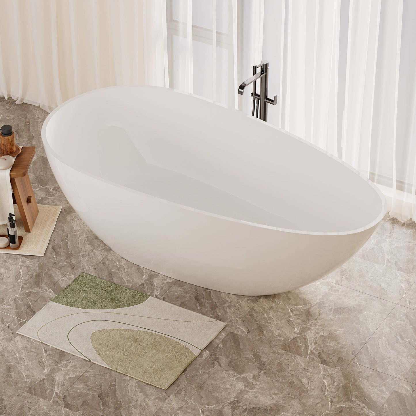 59' Freestanding Solid Surface Bathtub, Luxury Handcrafted Stone Resin Freestanding Soaking Bathtub with Overflow and Pop - up Drain, Glossy White 24S02 - 59GW - 1st Choice Furniture Direct