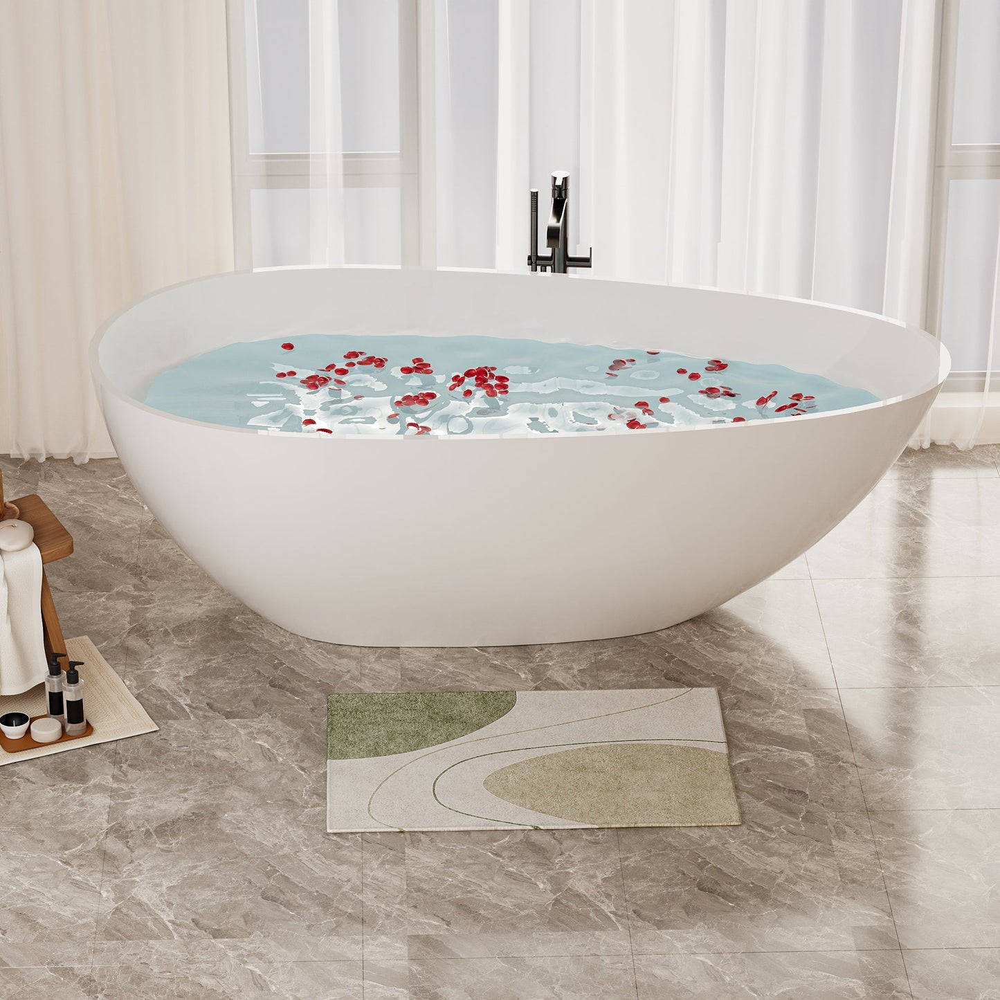 59' Freestanding Solid Surface Bathtub, Luxury Handcrafted Stone Resin Freestanding Soaking Bathtub with Overflow and Pop - up Drain, Glossy White 24S02 - 59GW - 1st Choice Furniture Direct