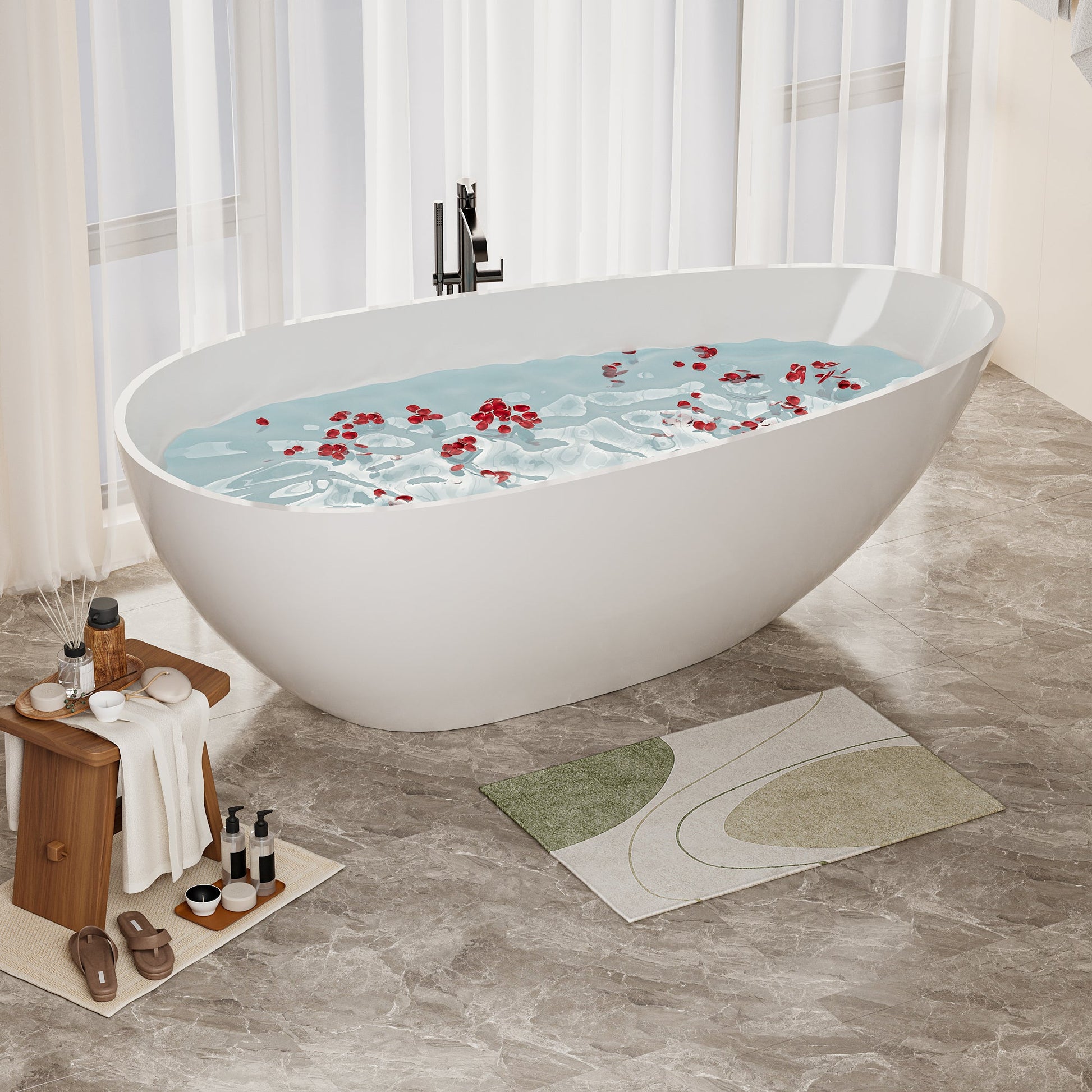 59' Freestanding Solid Surface Bathtub, Luxury Handcrafted Stone Resin Freestanding Soaking Bathtub with Overflow and Pop - up Drain, Glossy White 24S02 - 59GW - 1st Choice Furniture Direct