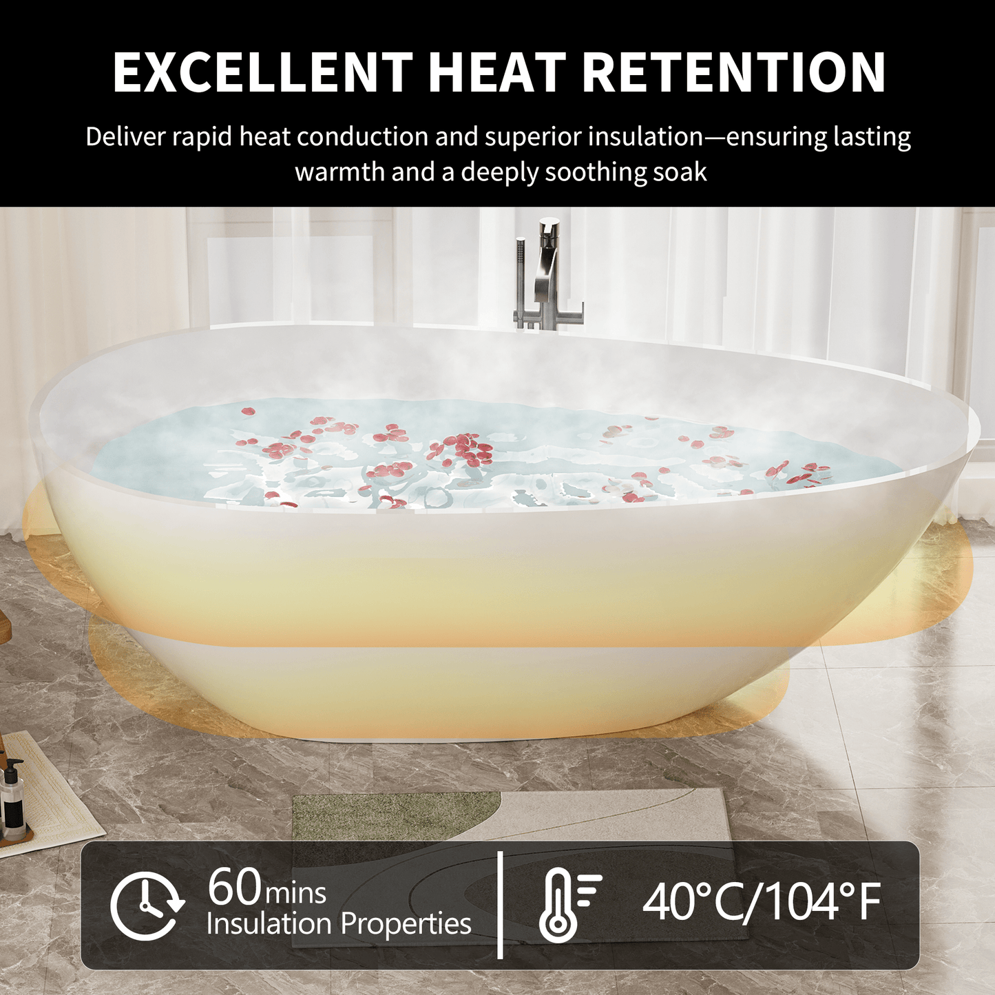 59' Freestanding Solid Surface Bathtub, Luxury Handcrafted Stone Resin Freestanding Soaking Bathtub with Overflow and Pop - up Drain, Glossy White 24S02 - 59GW - 1st Choice Furniture Direct