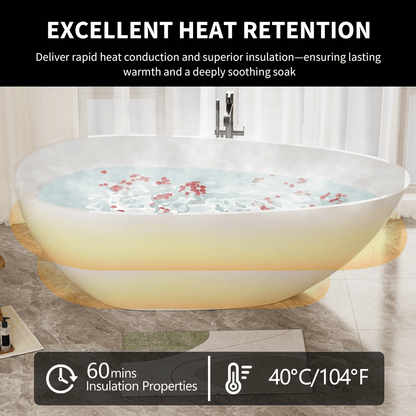 59' Freestanding Solid Surface Bathtub, Luxury Handcrafted Stone Resin Freestanding Soaking Bathtub with Overflow and Pop - up Drain, Glossy White 24S02 - 59GW - 1st Choice Furniture Direct