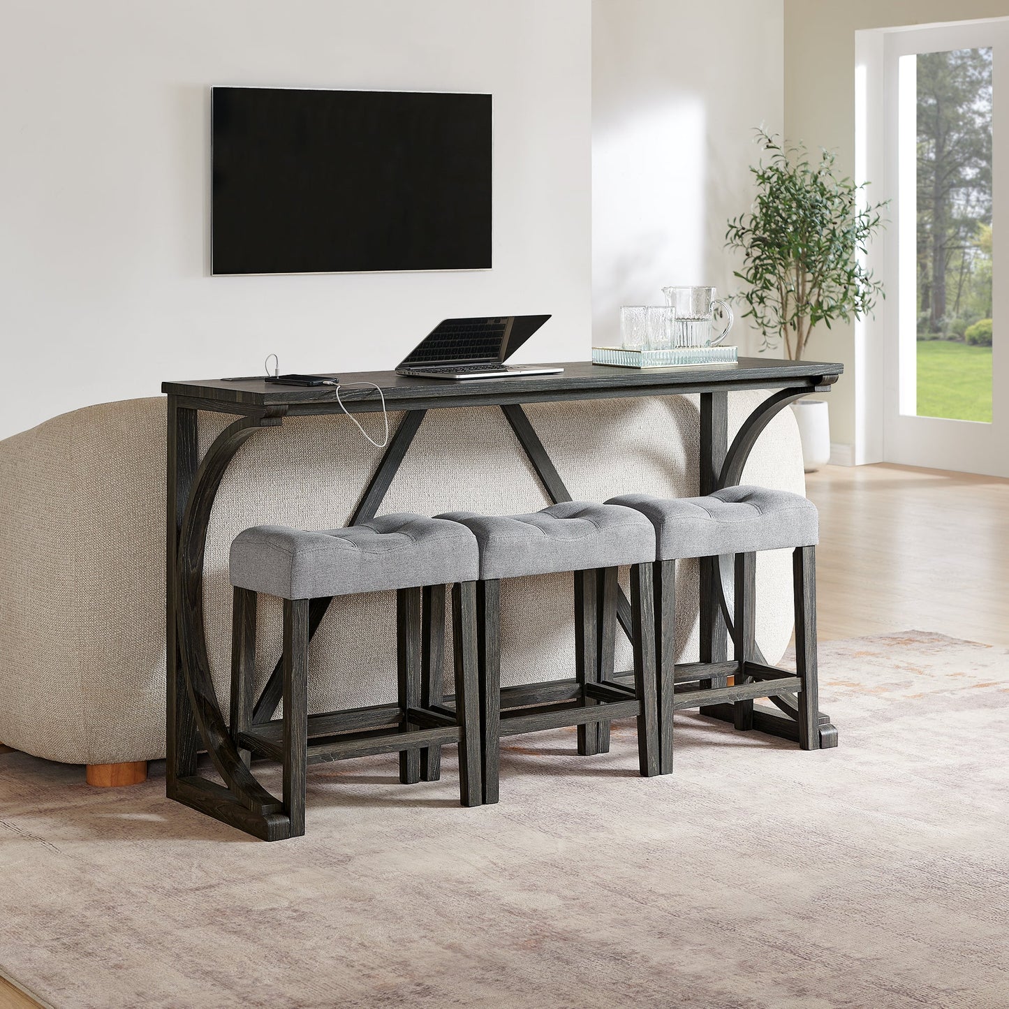 59 Inch Bar Table, Dining Table, Sofa Table with Power Outlet, 3 Upholstered Stools, 4 Piece Bar Table and Chair Set for Living Room, Dining Room, Kitchen - 1st Choice Furniture Direct