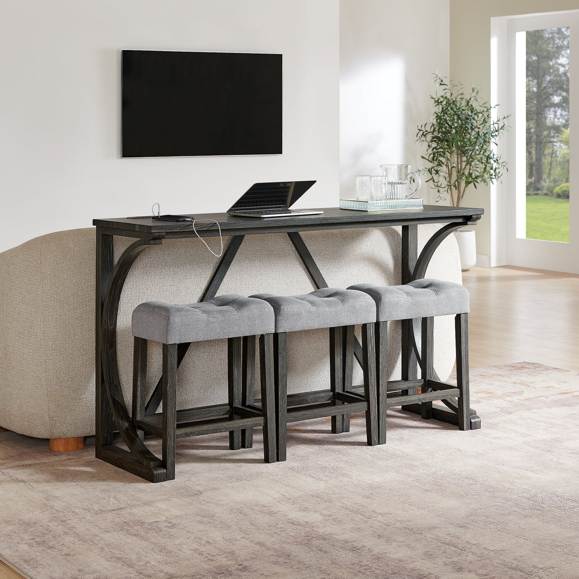 59 Inch Bar Table, Dining Table, Sofa Table with Power Outlet, 3 Upholstered Stools, 4 Piece Bar Table and Chair Set for Living Room, Dining Room, Kitchen - 1st Choice Furniture Direct