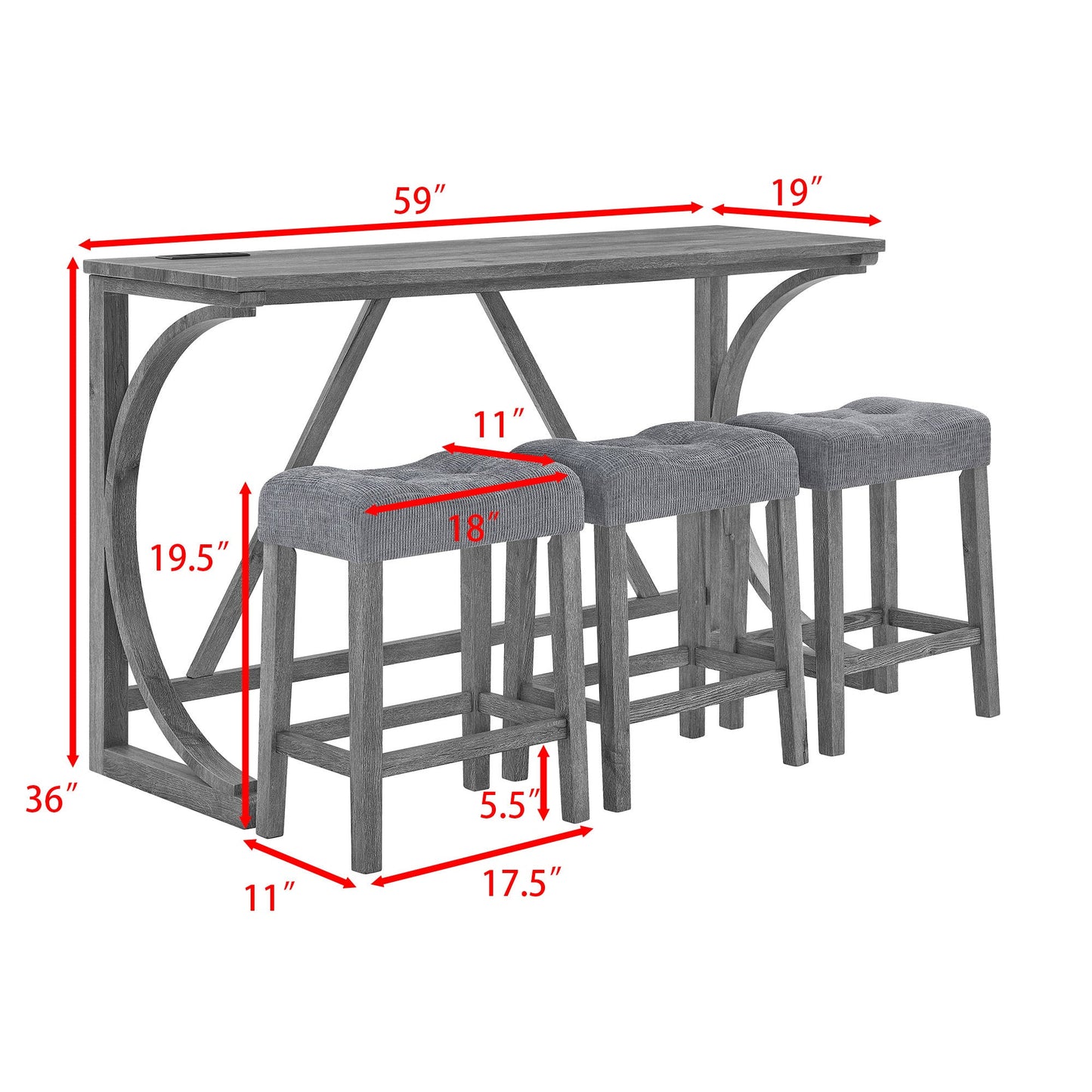 59 Inch Bar Table, Dining Table, Sofa Table with Power Outlet, 3 Upholstered Stools, 4 Piece Bar Table and Chair Set for Living Room, Dining Room, Kitchen - 1st Choice Furniture Direct