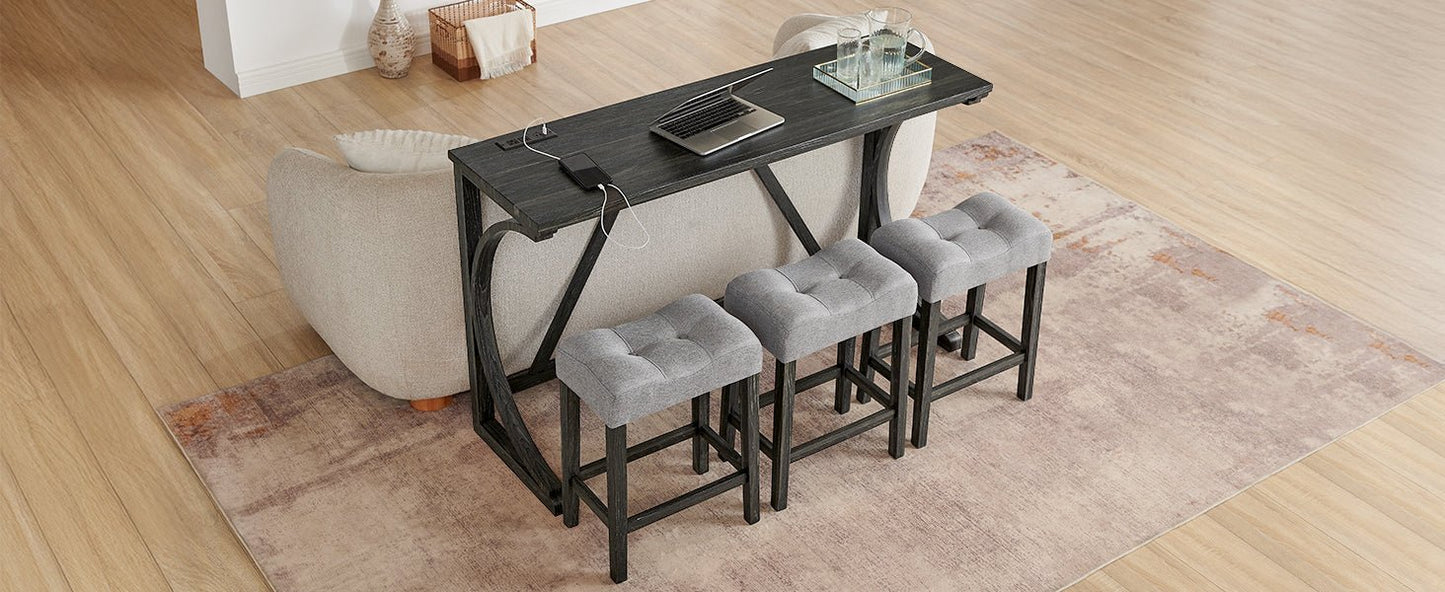 59 Inch Bar Table, Dining Table, Sofa Table with Power Outlet, 3 Upholstered Stools, 4 Piece Bar Table and Chair Set for Living Room, Dining Room, Kitchen - 1st Choice Furniture Direct