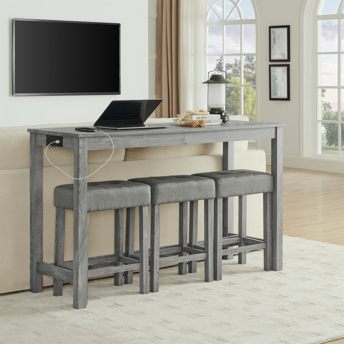 59 Inch Bar Table, Dining Table, Sofa Table with Power Outlet, 3 Upholstered Stools, 4 Piece Bar Table and Chair Set for Living Room, Dining Room, Kitchen - 1st Choice Furniture Direct