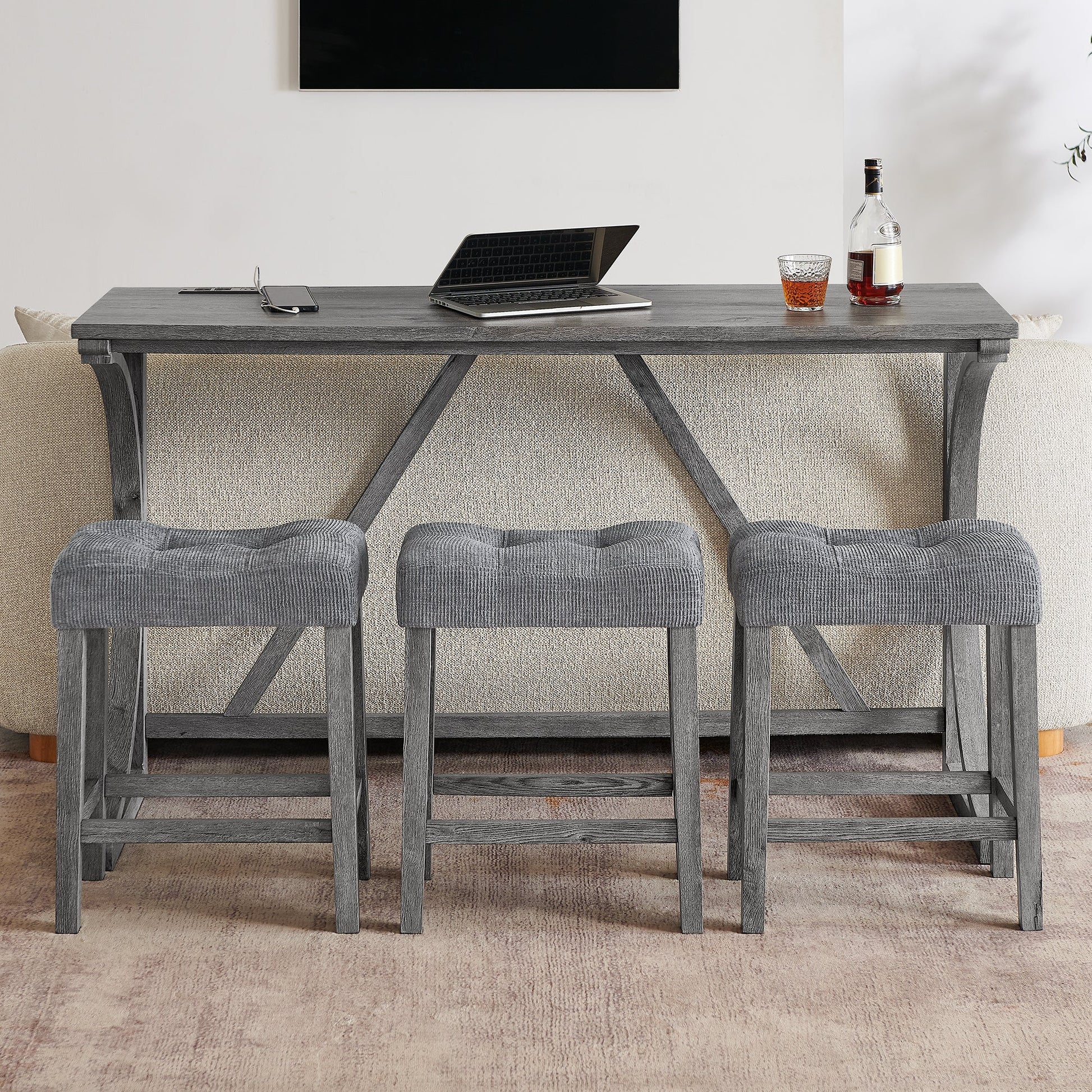 59 Inch Bar Table, Dining Table, Sofa Table with Power Outlet, 3 Upholstered Stools, 4 Piece Bar Table and Chair Set for Living Room, Dining Room, Kitchen - 1st Choice Furniture Direct