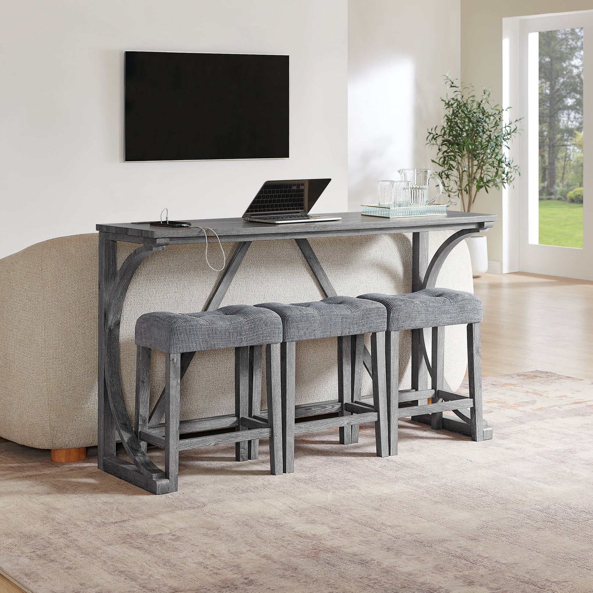 59 Inch Bar Table, Dining Table, Sofa Table with Power Outlet, 3 Upholstered Stools, 4 Piece Bar Table and Chair Set for Living Room, Dining Room, Kitchen - 1st Choice Furniture Direct