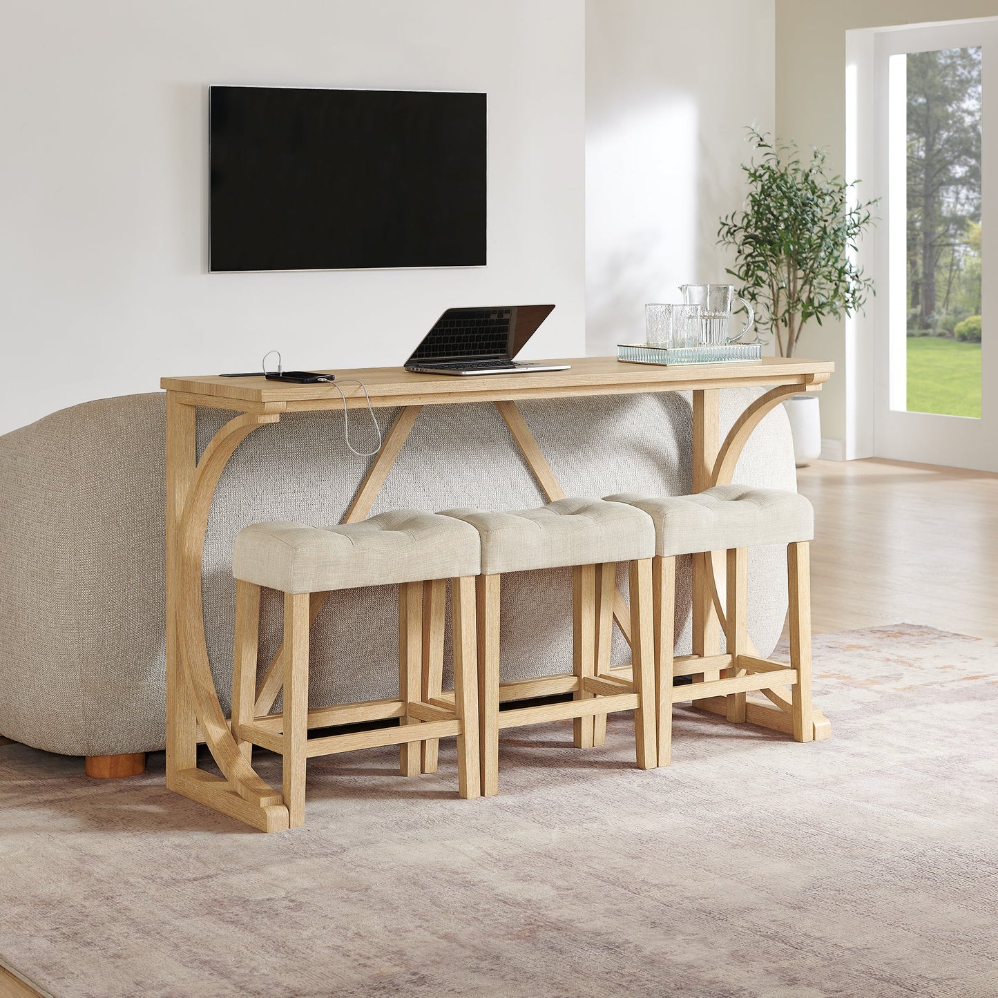 59 Inch Bar Table, Dining Table, Sofa Table with Power Outlet, 3 Upholstered Stools, 4 Piece Bar Table and Chair Set for Living Room, Dining Room, Kitchen - 1st Choice Furniture Direct