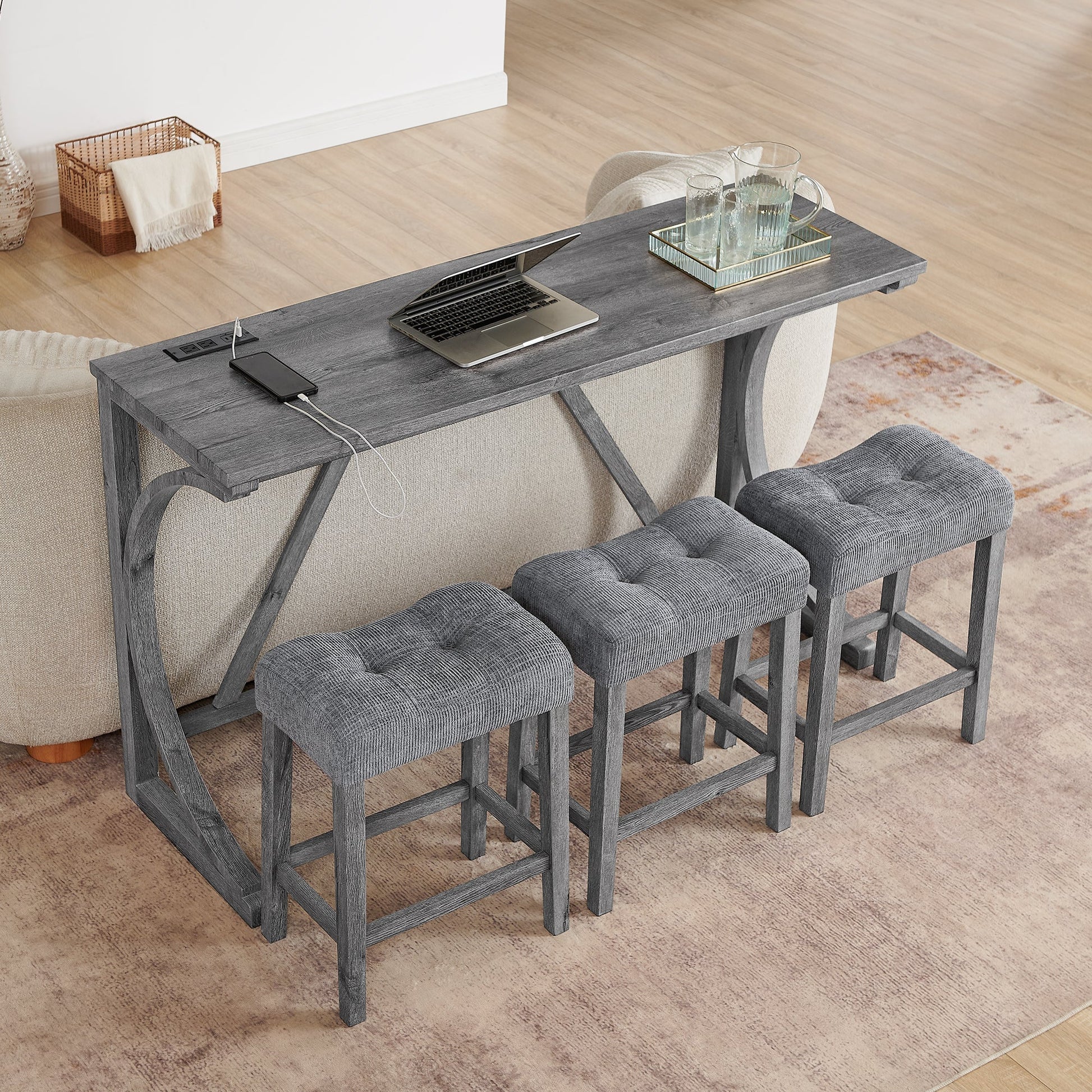 59 Inch Bar Table, Dining Table, Sofa Table with Power Outlet, 3 Upholstered Stools, 4 Piece Bar Table and Chair Set for Living Room, Dining Room, Kitchen - 1st Choice Furniture Direct