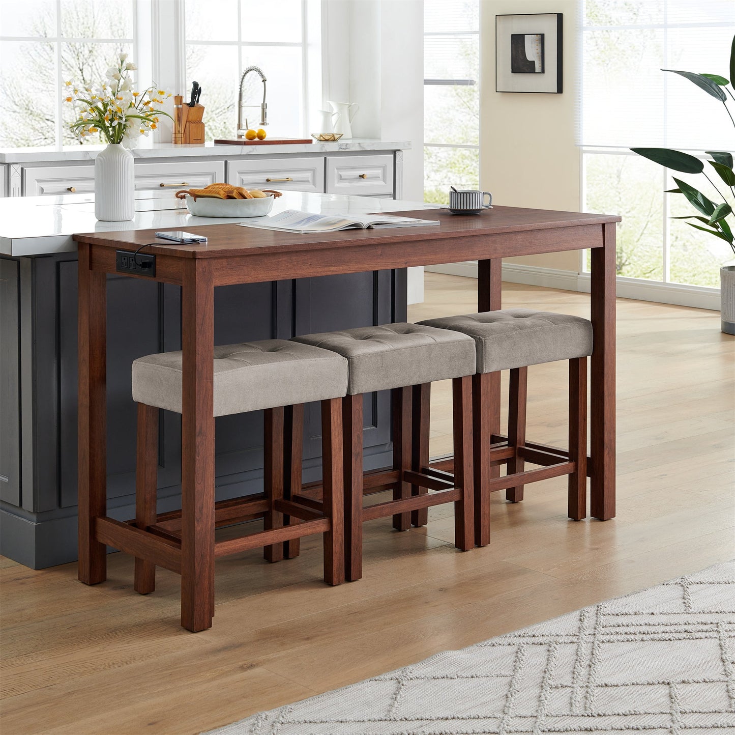 59 Inch Bar Table, Dining Table, Sofa Table with Power Outlet, 3 Upholstered Stools, 4 Piece Bar Table and Chair Set for Living Room, Dining Room, Kitchen - 1st Choice Furniture Direct